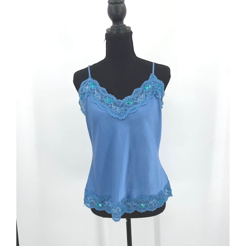 New York & Company Cami Women L Blue 100% Silk Lace Sequin Y2K Boho Chic Tank